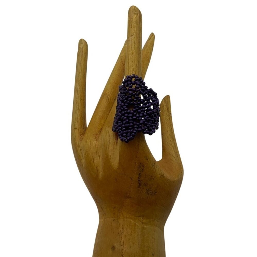 Handcrafted Artisan Statement Ring Flower Purple Beaded Adjustable 8.5